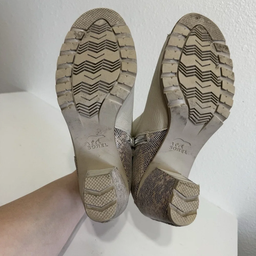 Sorel Nadia Beige‎ & Snakeskin Leather Peep Toe Ankle Booties Womens Size 9